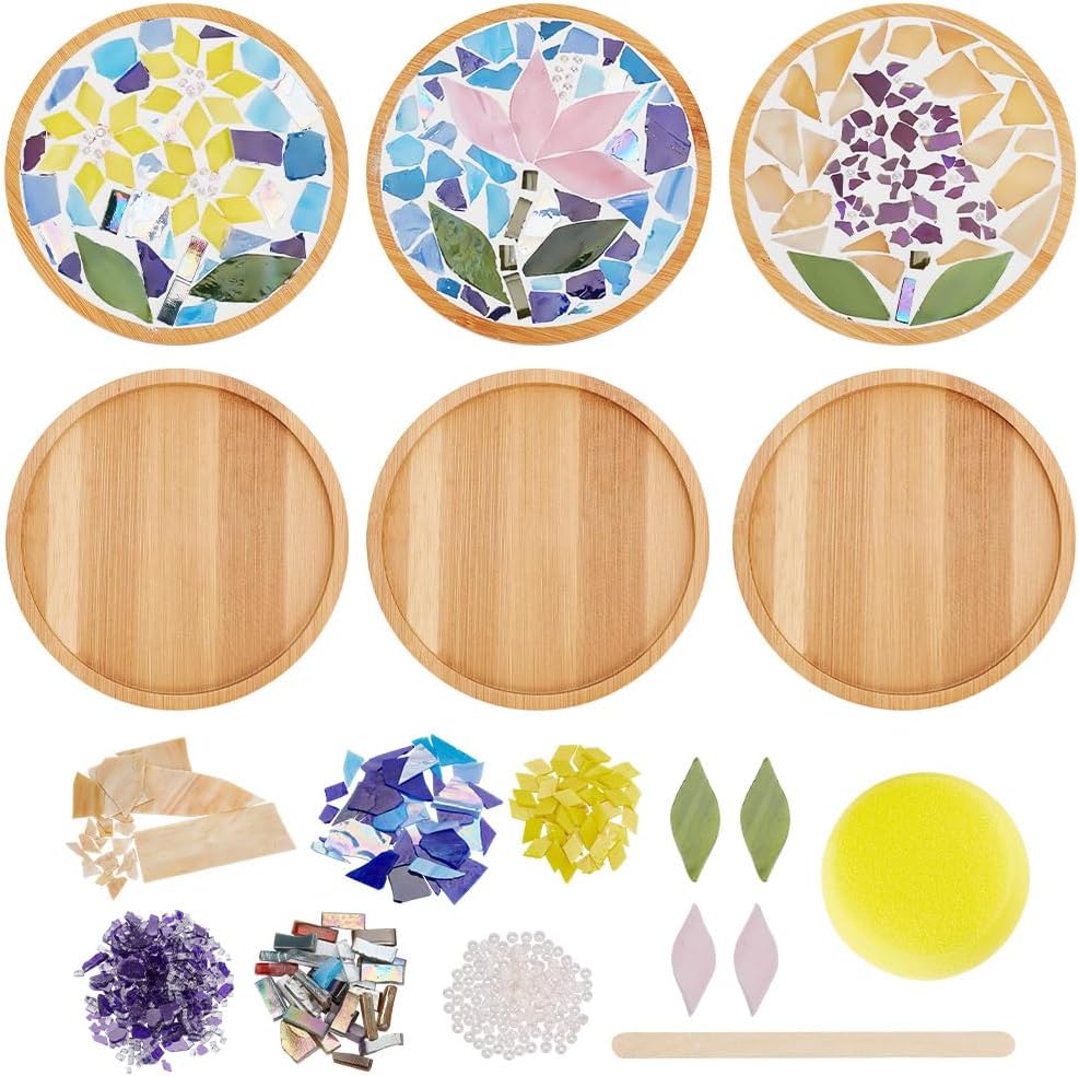 WEBEEDY DIY Mosaic Craft Kit: 3 Flower Bamboo Coasters with Mixed Glass Tiles for Adults Beginners - Handmade Home Decor Gifts