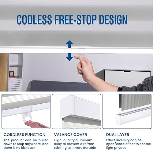 Miniatura 2 de Free-Stop - Persianas enrollables sin cordones estilo cebra con diseño moderno, (31 pulgadas de ancho x 72 pulgadas de alto, color gris) - Persianas