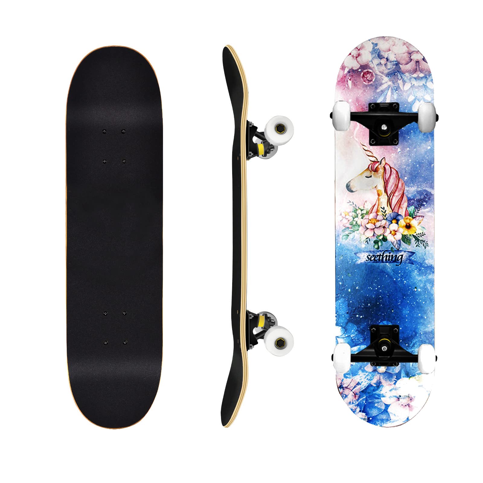 Moonmen Standard Skateboard Complete 31x8 Inch for Kids Teens & Adult Beginner, Double Kick Deck Skateboard