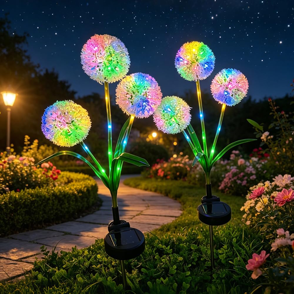 Solar Dandelion Flowers Lamps, Solar Flower Lights Outdoor Garden with 16 Colourful LEDs, IP65 Waterproof Solar Garden Ornaments for Yard, Pathway, Lawn, Landscape Decoration Gardening (RGB 2 Pack)