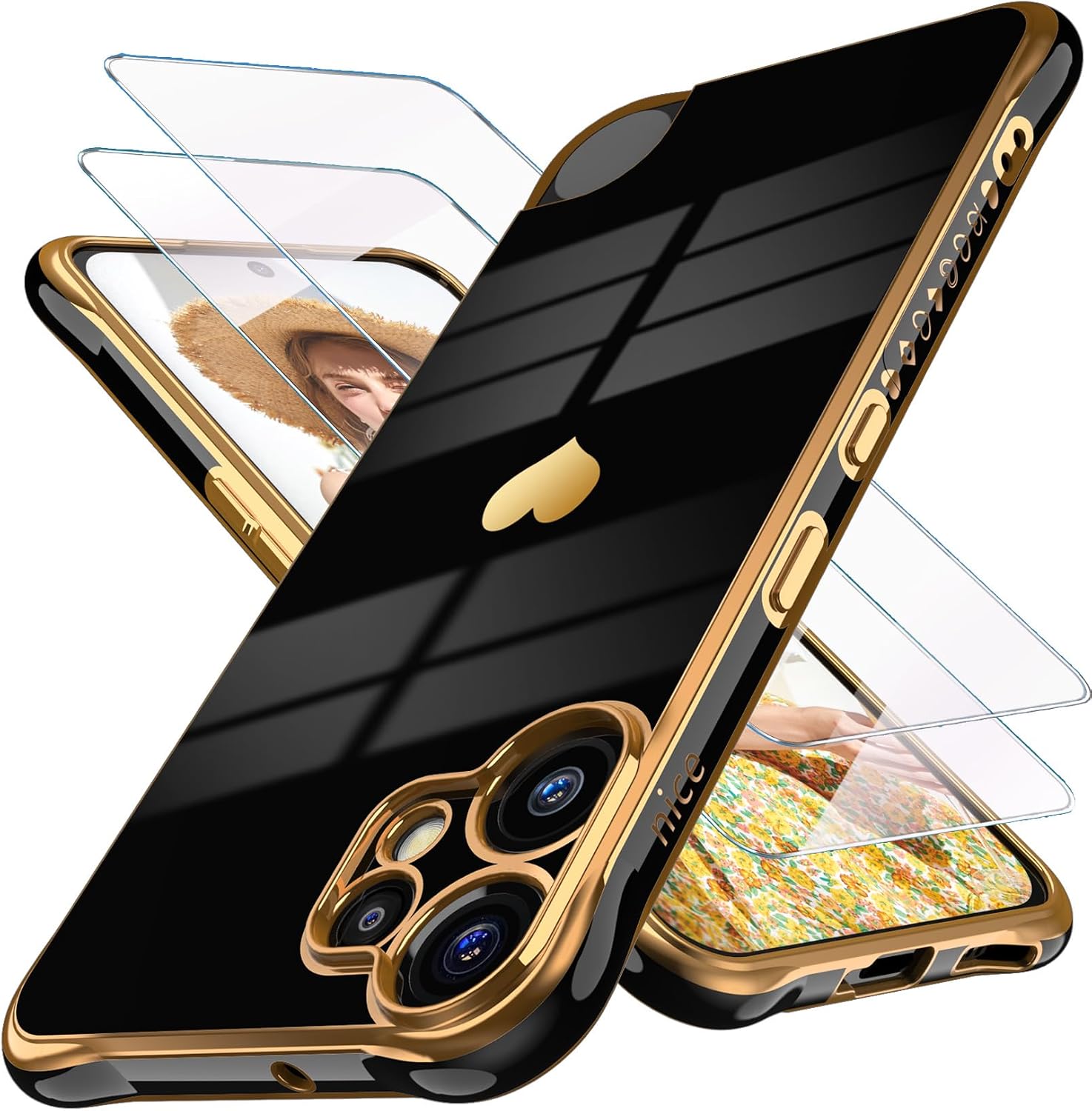 Dretal for Nothing CMF Phone 2 Pro Case with 2X Screen Protector, Girl Women Cute Girly Love-Heart Luxury Gold Soft Cover Camera Protection Bumper Silicone Shockproof Case for CMF Phone 2 Pro (Black)