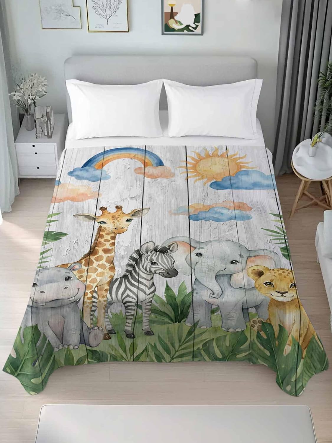 Top Sheet Full Bedding Flat Sheet Only, Forest Giraffe Zebra Elephant Microfiber Bed Sheets Soft Breathable Bedding Flat Sheets, Green Leaf Gray Wood Plank Hotel Luxury Top Sheets