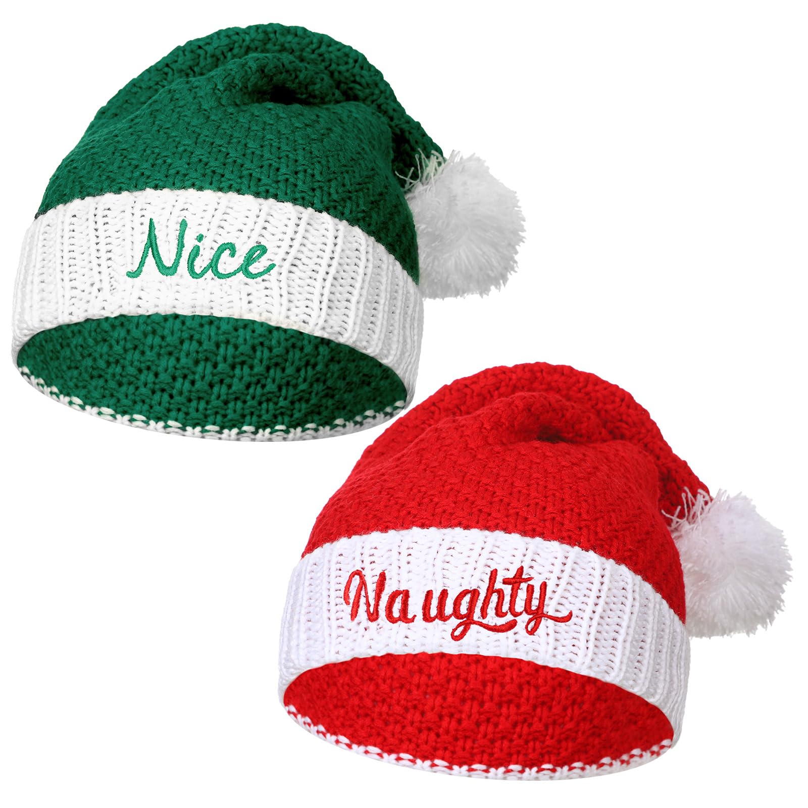 Suhine 2 Pcs Naughty and Nice Christmas Knitted Santa Hats Christmas Plush Hats Warm Thick Santa Hat for Christmas Party(Red and Green)