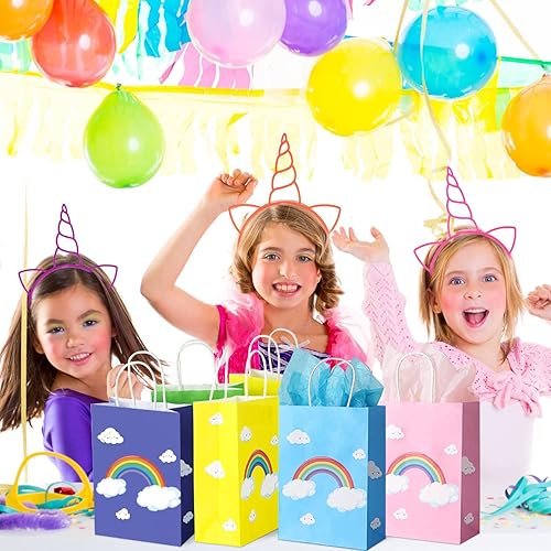 Miniatura 3 de BLEWINDZ 32 bolsas de regalo de fiesta arcoíris con 32 papeles de seda, pequeñas bolsas de regalo de 8.7 pulgadas con asas para niños y niñas,