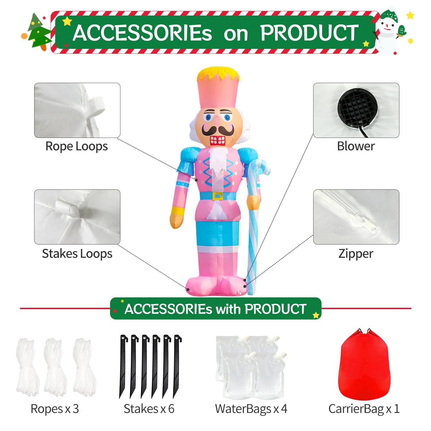 DomKom 12FT Giant Pink Christmas Inflatable Nutcracker Soldier with Candy Cane Built-in LED Lights Inflatable Decorations - Waterproof Outdoor/Indoor Blow Up Holiday Yard Decor: Pink Nutcracker