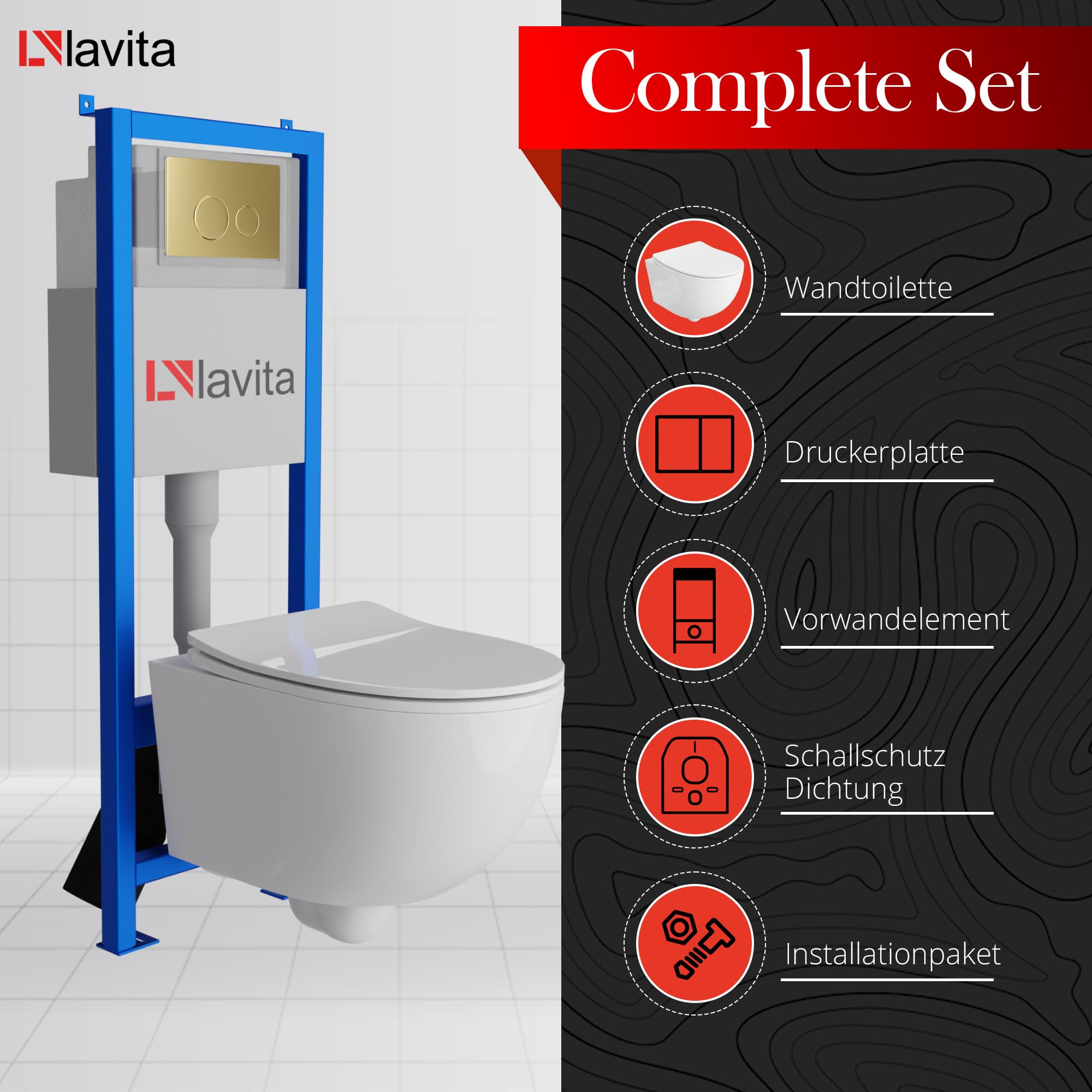 lavita LAV 101 Elemento de Pared para Inodoro 40 cm + Inodoro suspendido suspendido Brava Blanco sin Borde + Panel de Control LAV 200.4.5 Dorado | Conjunto Completo | Cisterna empotrada | Jueg