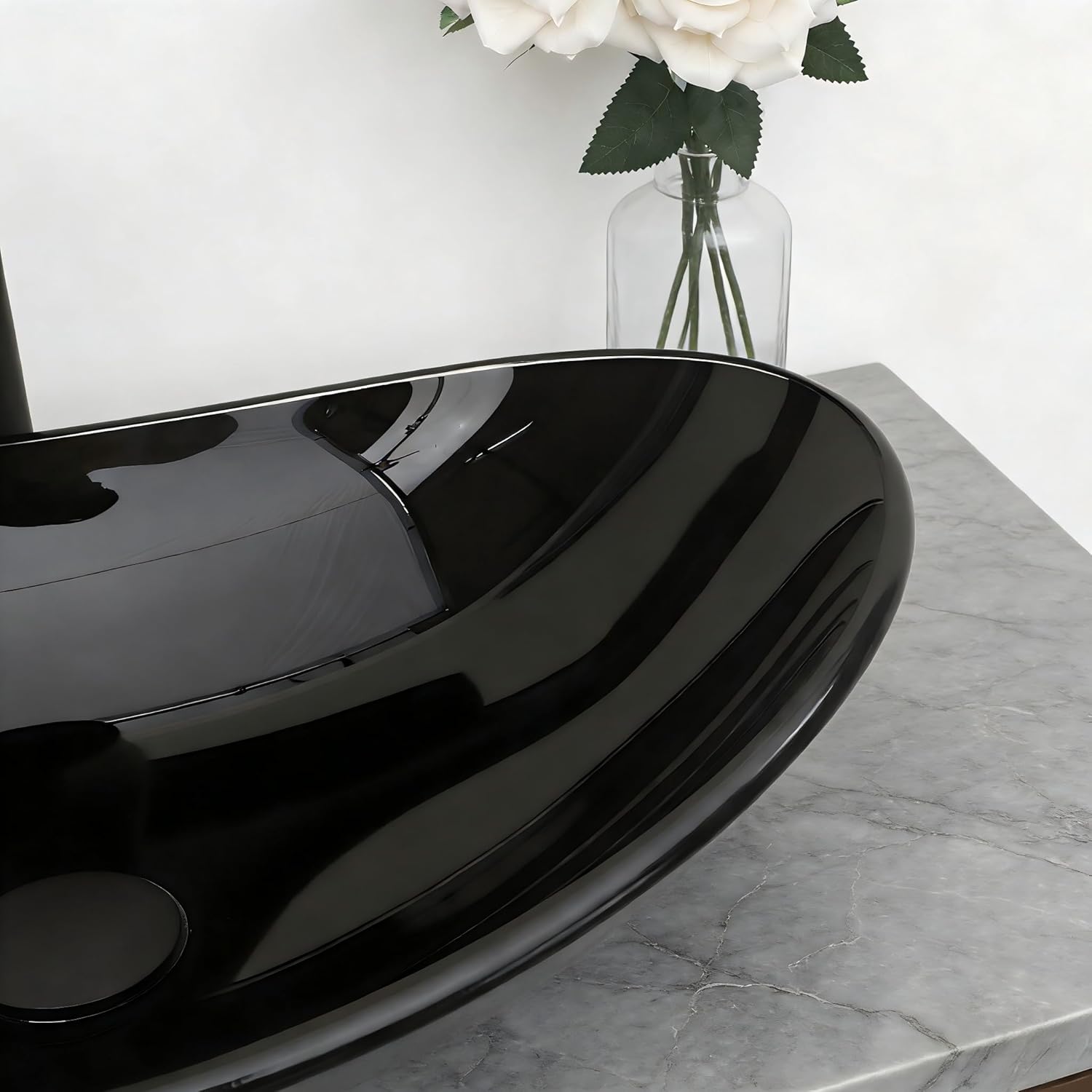 Bathroom Sink 21 Inch Black Glass Vessel Sink Modern Boat Shape Artistic Basin Bathroom Vessel Sink Above Counter 6.6" Deep Oval Sink