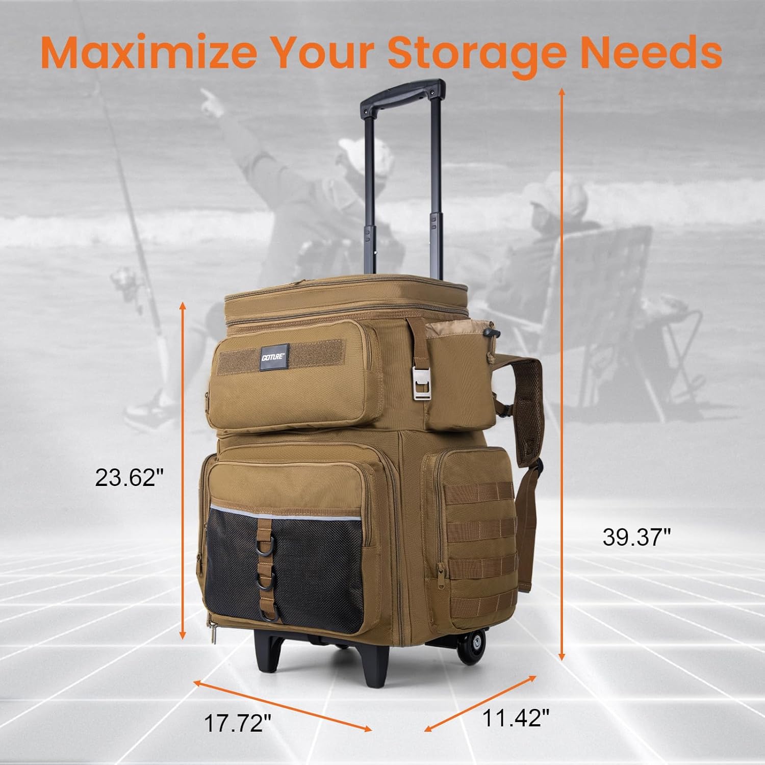 Goture 66L Rolling Tackle Box with Cooler, Khaki Large Fishing Bag with Wheels for 5 3700 Trays(Trays Not Included), Saltwater Resistant Tackle Backpack with Rod Holders