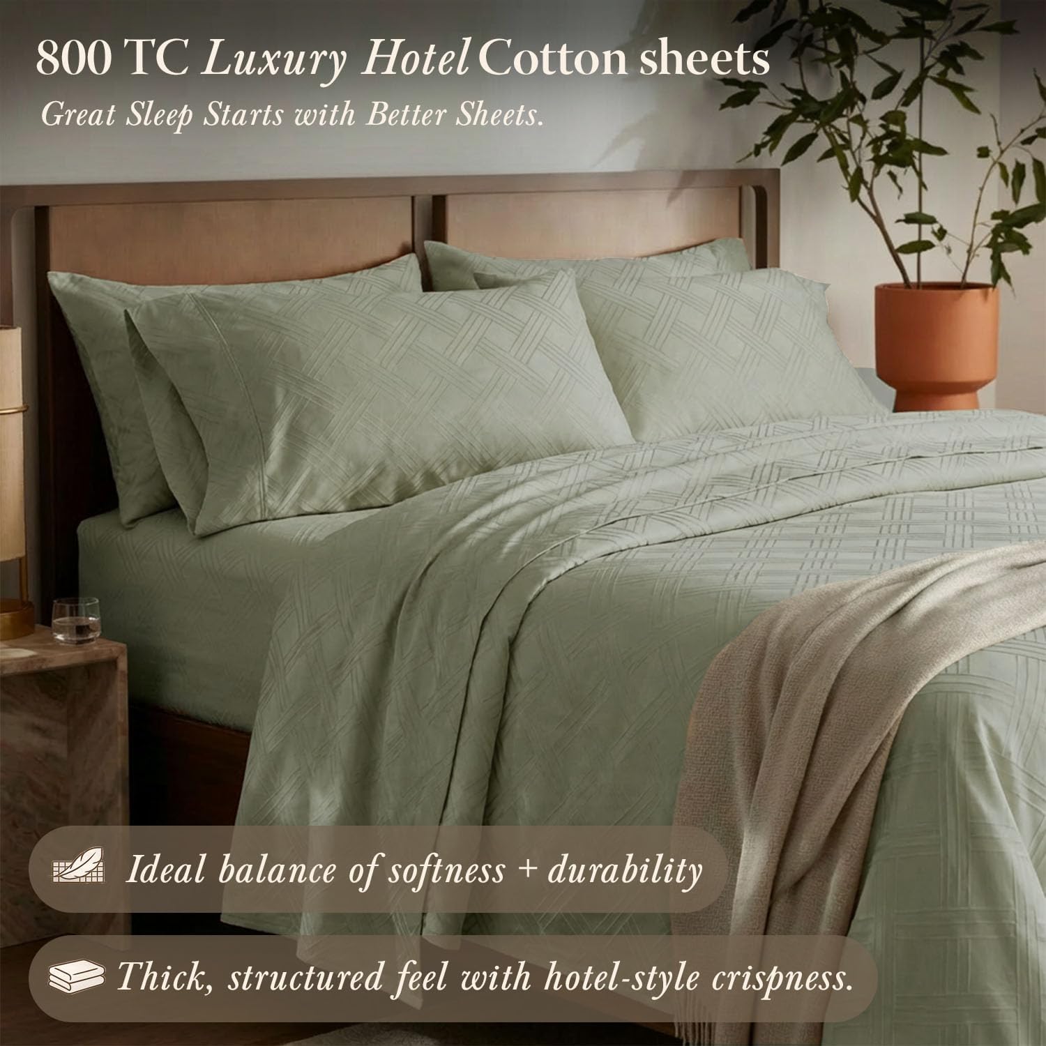 Threadmill King Size Sheets for King Mattress | 800 Thread Count Jacquard Celine Sage Green | Better Than Egyptian Cotton | 4 Pc Bed Sheets | Damask Sheet Fits 16'' Deep Pocket | 100% Cotton Sheets - Image 2