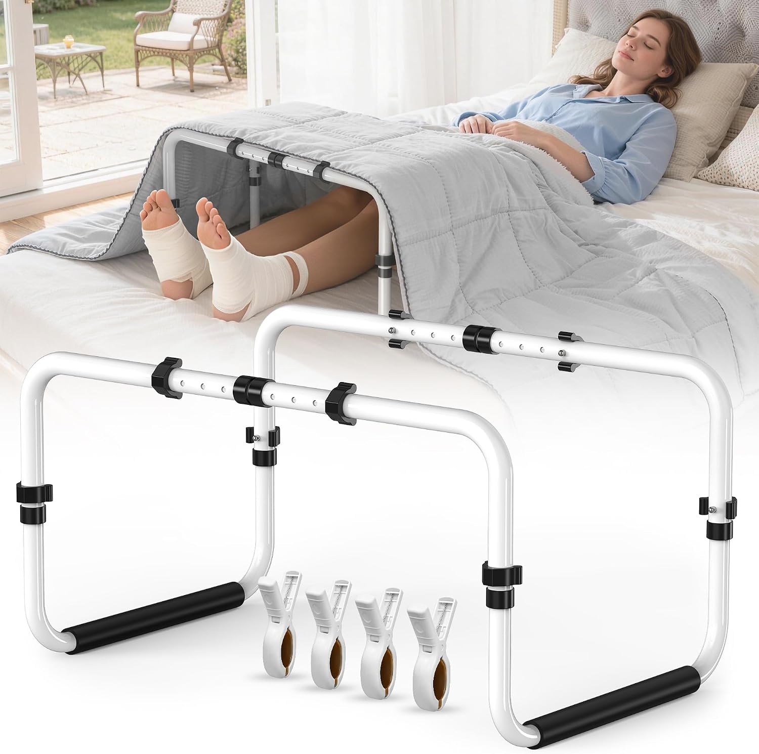 Blanket Lifter for Feet,Height Adjustable Bed Cradle for Foot of Bed-Foot Tent Blanket Support Holder for Foot Knee Toes Leg Ankle Post Surgery Recovery,Non-Slip Aluminum Alloy with 4 Clips (26"-32")