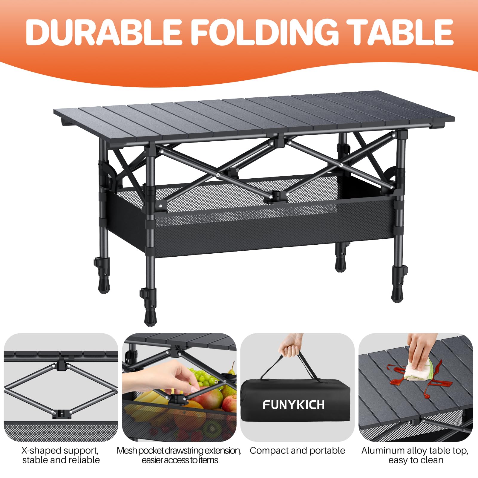FUNYKICH Mesa Plegable de Camping 82 x 40cm con 2 Alturas Ajustables (44/70cm), Fácil Montaje, Bolsa de Malla Tablero Enrollable de Aluminio para Barbacoa