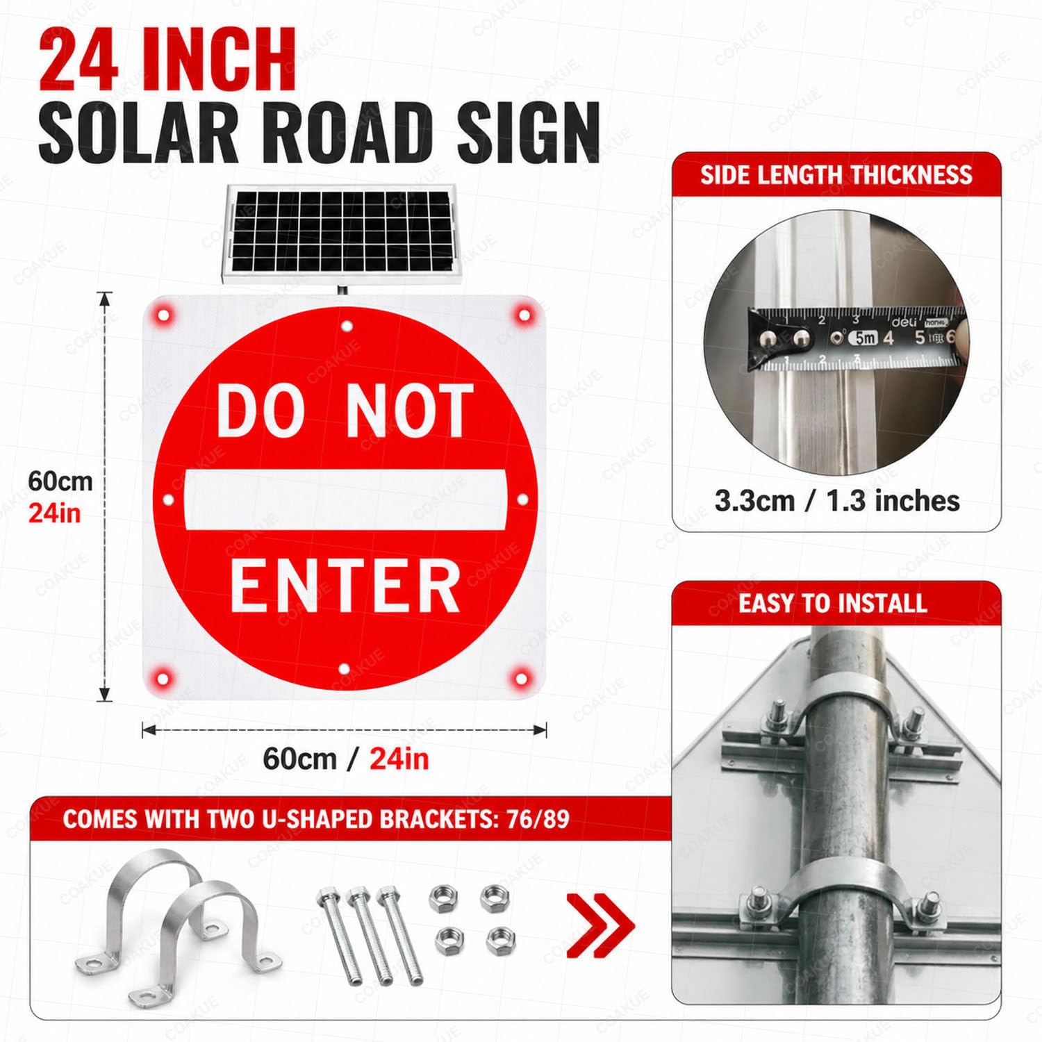 Señal Solar de «Prohibido el Paso» con Parpadeo Nocturno automático 24in-1piece | Señal de tráfico de 24/30 pulgadas con estructura metálica resistente a la oxidación y película reflectante