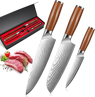 Home Safety Küchenmessersets, Messerset 3er, Fleischmesser Set aus Carbon Edelstahl, Kochmesser, Santokumesser, Schälmesser mit Geschenkbox, Scharfe Klingenlänge 12.4-19 cm mit Ergonomischem Griff