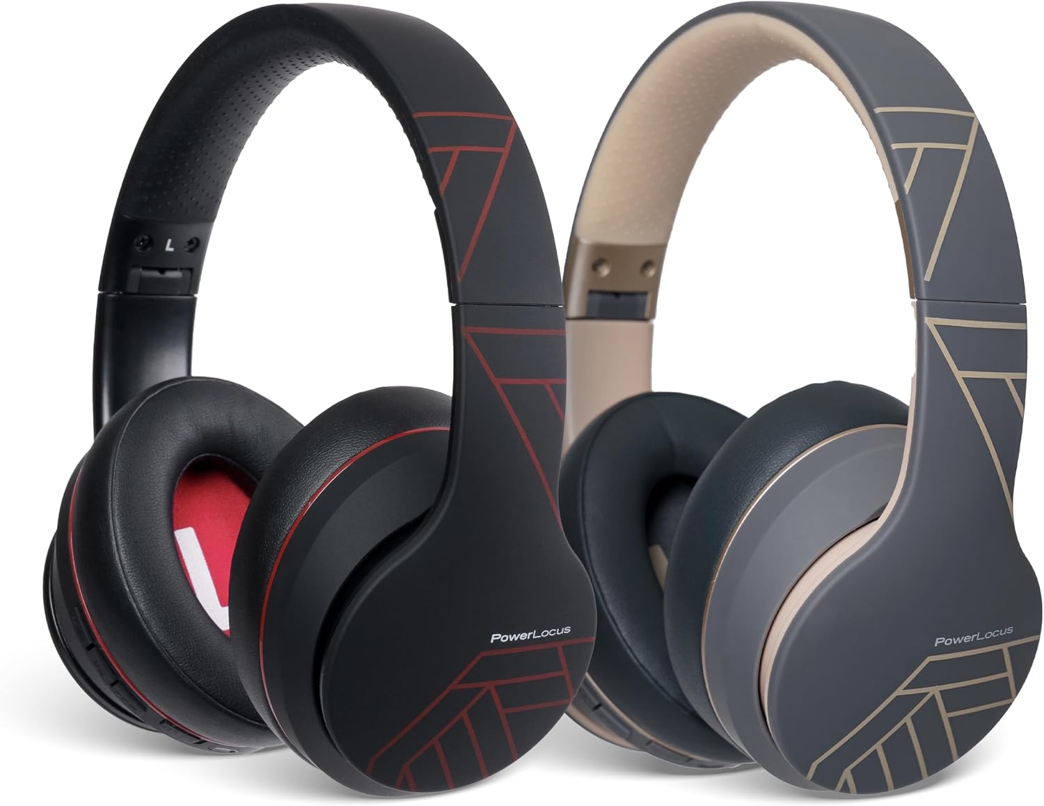 PowerLocus 2 Pack P6 Bluetooth Headphones Over Ear, Foldable Headphone for Travel/PC/Cell Phone - Asphalt Grey, Red