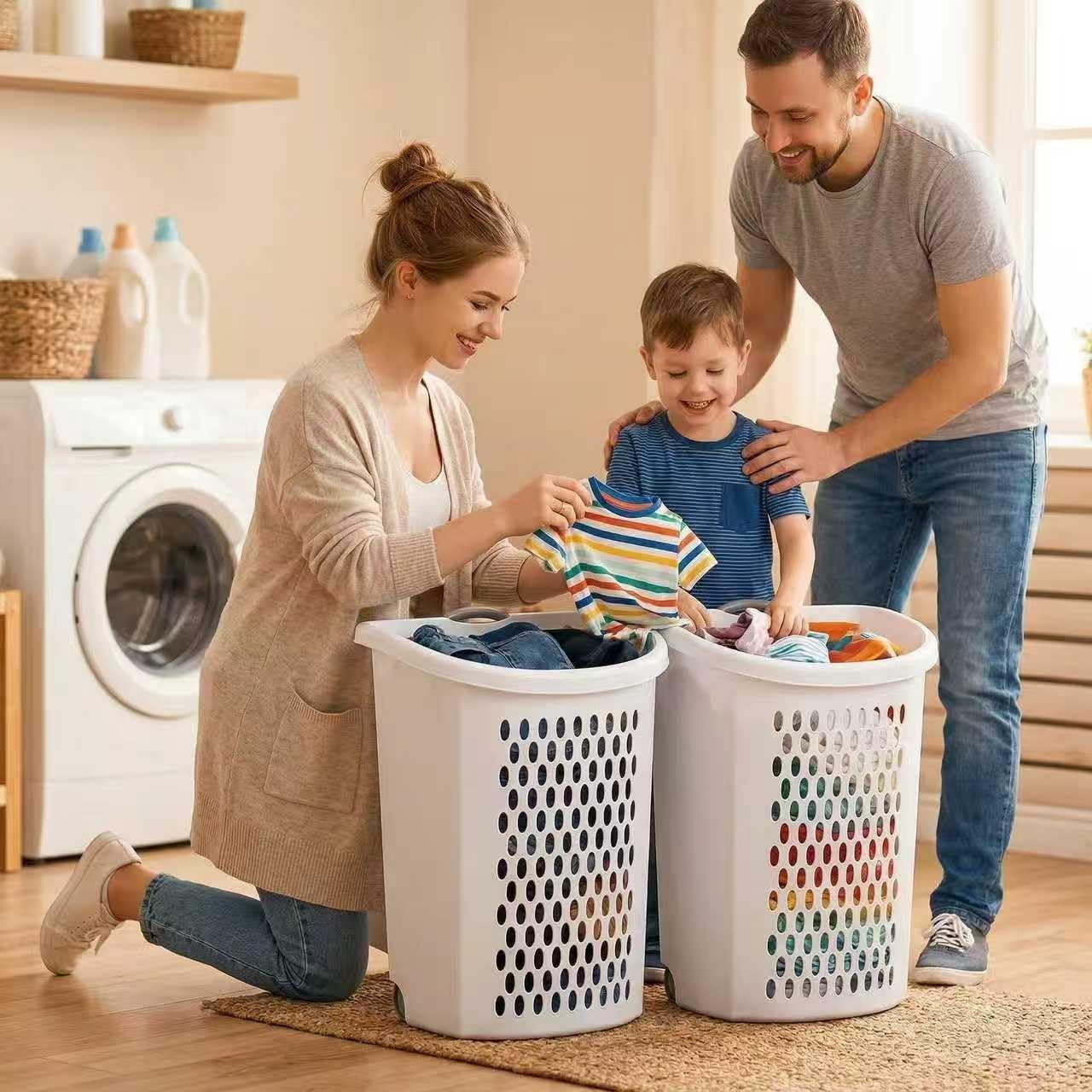 (2 Pack) Ultra Wheeled Hamper - White Plastic Laundry Hamper with Retractable Handle & Smooth Wheels, 2 Bushel Capacity for Dorms/Apartments/Family