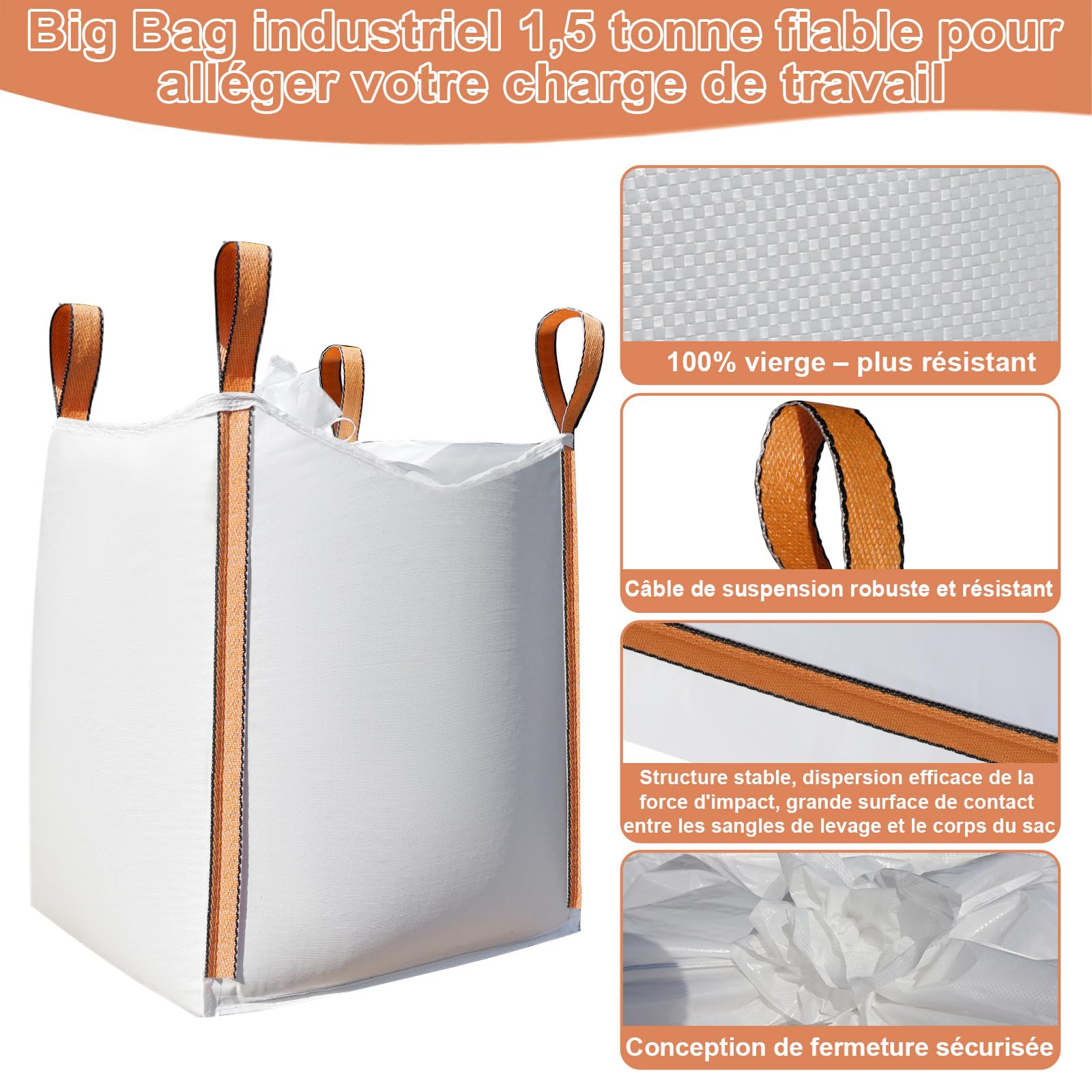 Lot de 2 FIBC Sac en vrac résistants aux UV et Étanche,1.5 sac d'une tonne,89 x 89 x 109 cm (L x l x H),Supporte jusqu'à 1500 kg de charge Swl,fond plat,sacs en polypropylène tissé.