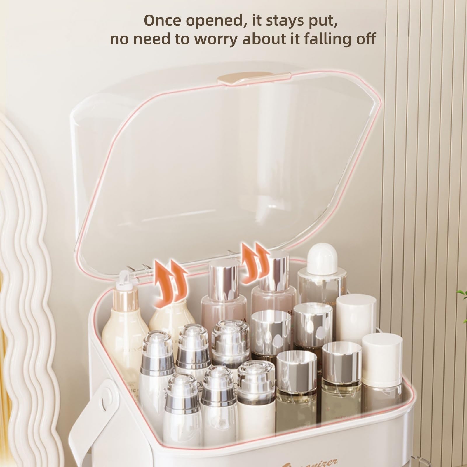 Organizador de maquillaje, organizadores para el cuidado de la piel con tapa transparente y 2 cajones y soporte giratorio de 360° para brochas