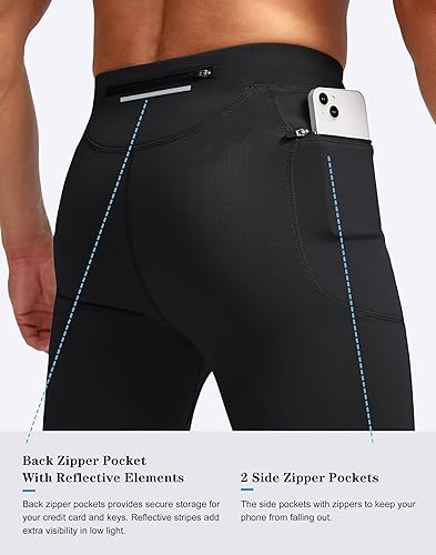 Miniatura 3 de Pudolla Mallas térmicas para correr para hombre con 3 bolsillos con cremallera, leggings de compresión para entrenamiento, pantalones de ciclismo