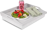 Vista 2 de ROSSIE HOME Bandeja de madera para cama de regazo – Juego de dos – con cesta de almacenamiento de jacinto – Gris calmante – Se adapta a portátiles