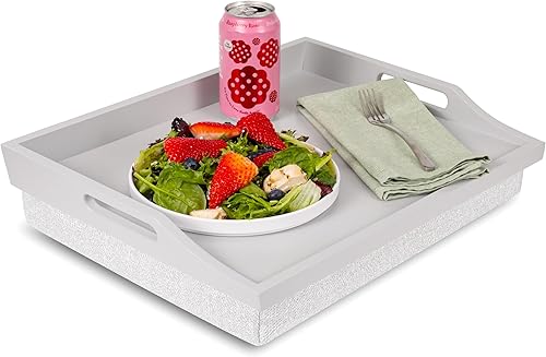 ROSSIE HOME Bandeja de madera para cama con cojín desmontable, bandeja para servir, color gris relajante, se adapta a portátiles de hasta 15.6