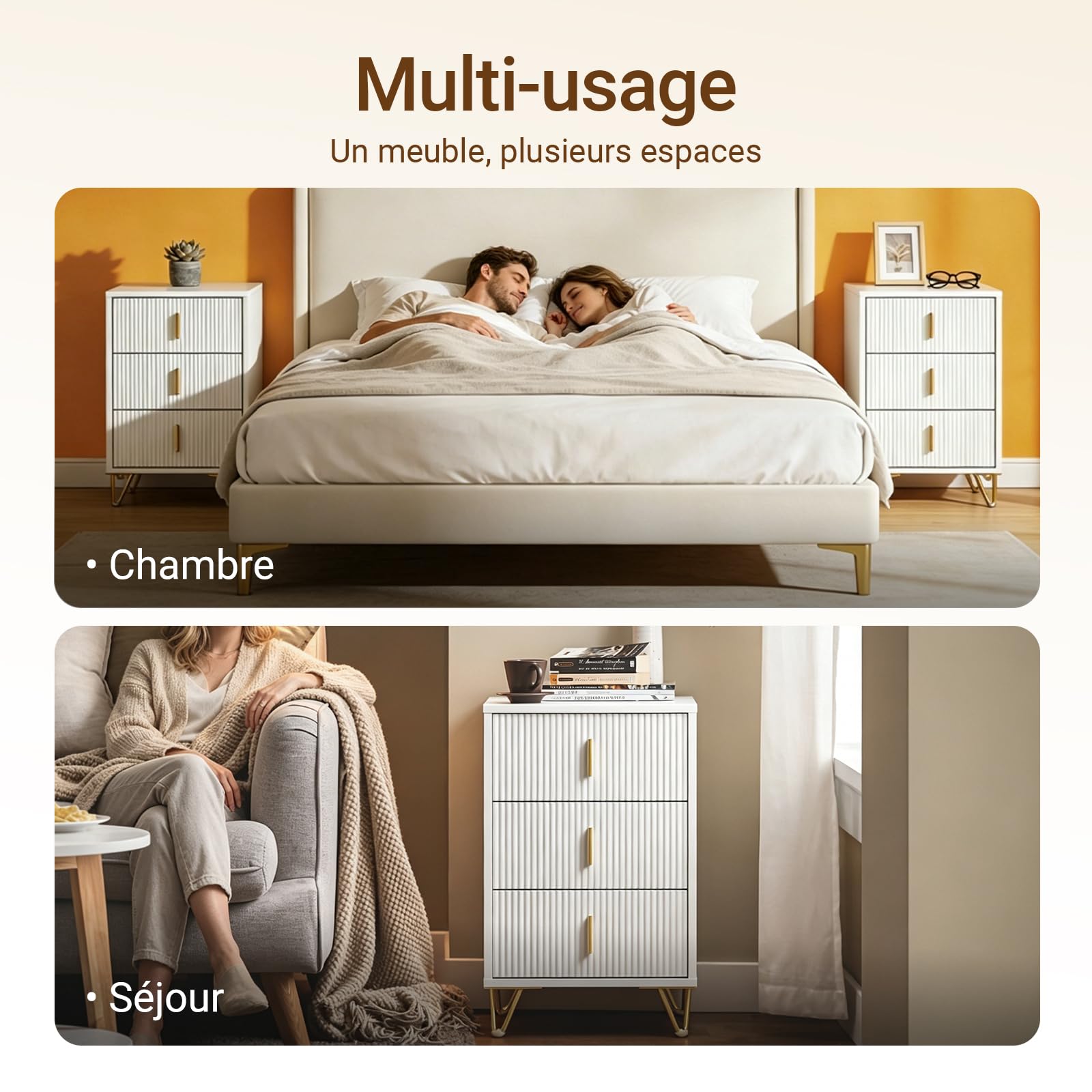 SoBuy Lot de 2 Tables de Chevet avec 3 tiroirs 40x40x63 cm | Hauteur ergonomique 63 cm, charge 33 kg, table de nuit gain de place Blanc FBT115-L-Wx2