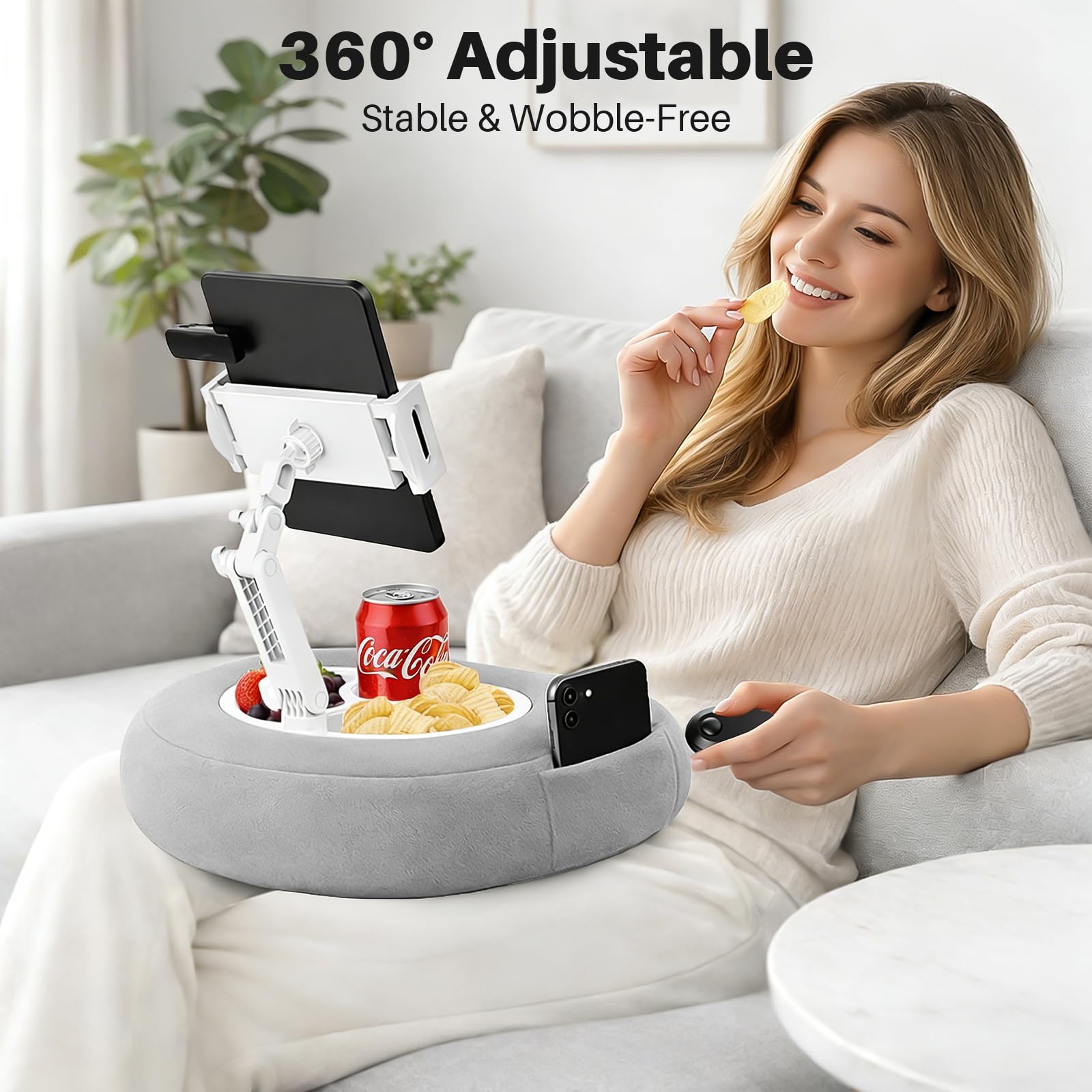 Grauer Kindle-Kissenständer mit schwarzer Fernbedienung, verstellbarer Kindle-Halter für Bett, Sofa, 2-in-1-Ständer und Seitenwender für Kindle/Tablet, weicher Plüsch zum Lesen im Bett