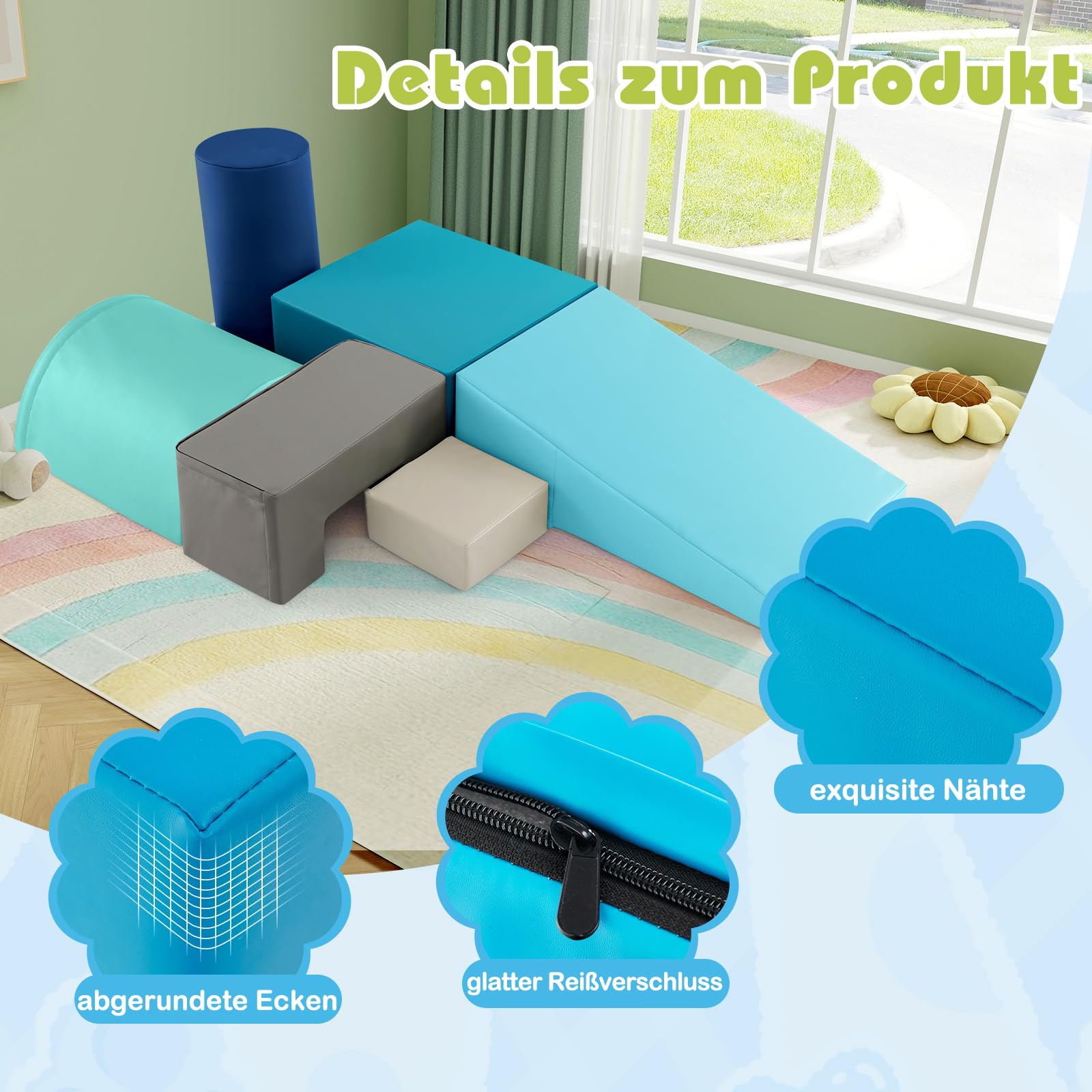 GOPLUS 6 TLG. Schaumstoffbausteine, Softbausteine zum Klettern & Rutschen, Riesenbausteine aus Kunstleder & Schaumstoff, Großbausteine Softbausteine für Baby Kleinkinder (Pfauenblau)