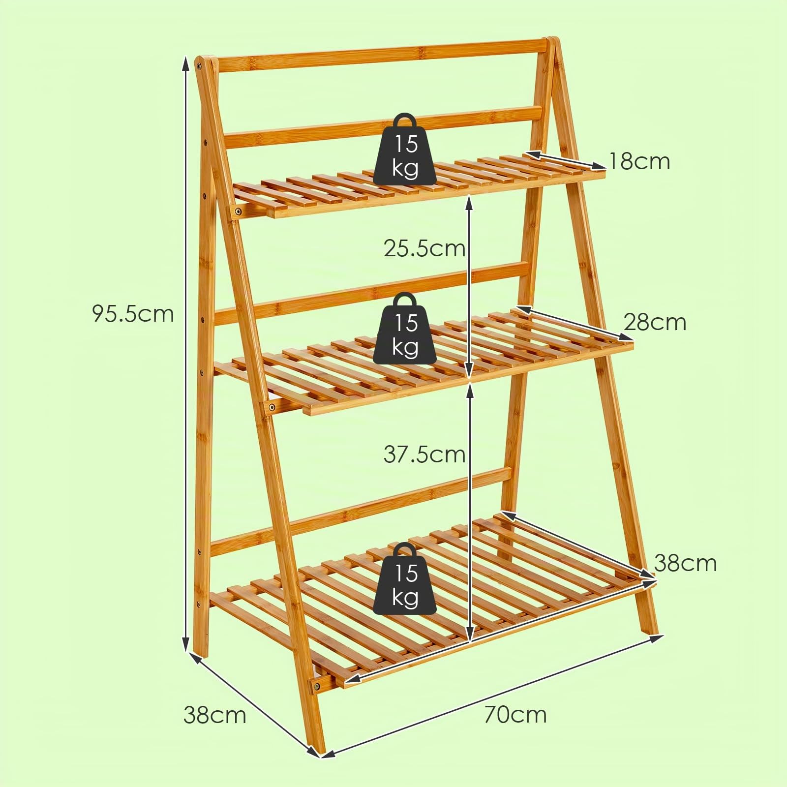HOMASIS Pflanzregal mit 3 Ebenen, Faltbares Blumenregal, Bambus-Pflanzenständer Outdoor Indoor, Leiterregal für Garten Balkon Terrasse Patio, 70 x 38 x 95,5 cm, Natur
