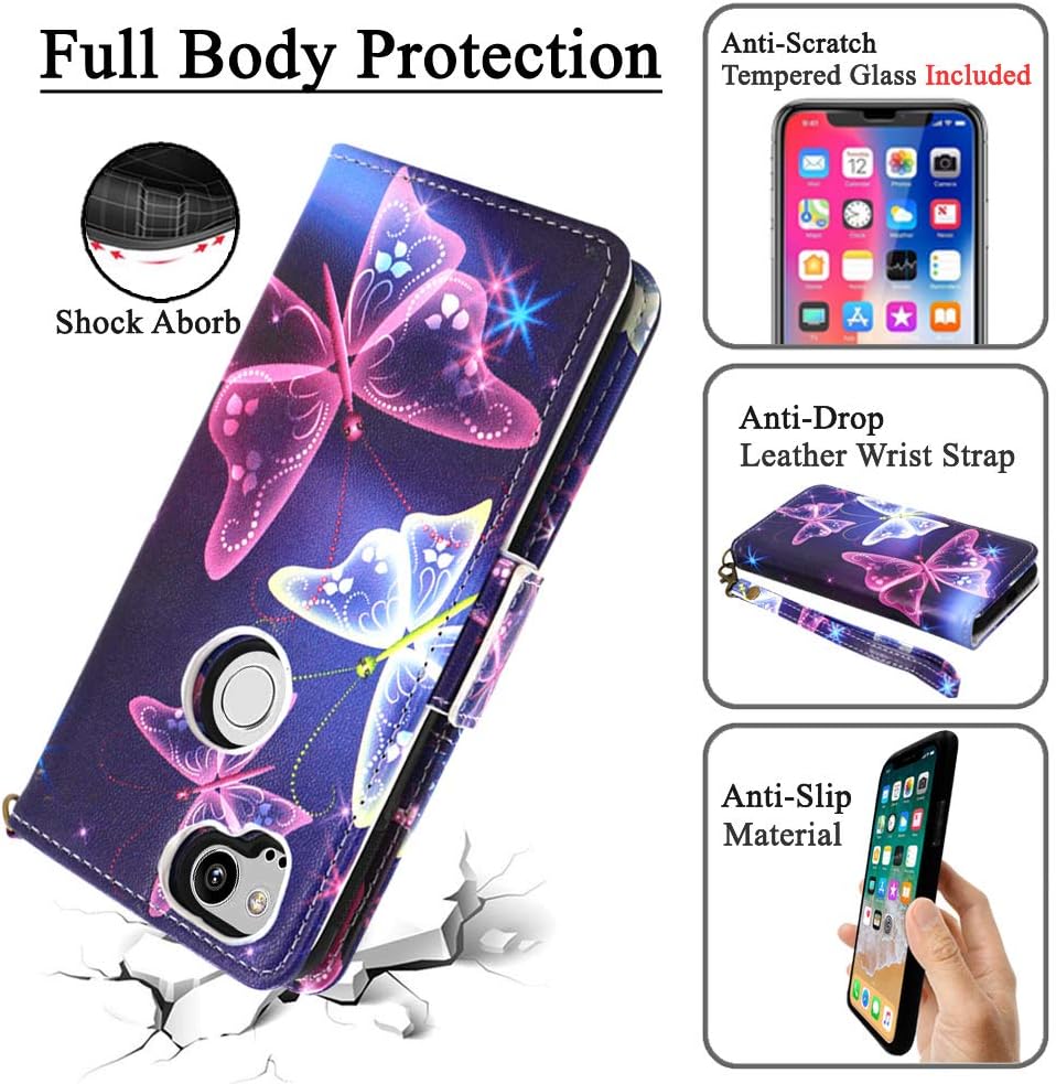 Mefon Google Pixel 2 Case Wallet Leather Detachable, with Tempered Glass and Wrist Strap, Enhanced Magnetic Closure, Card Slot, Kickstand, Durable Slim, Flip Folio Cases for Pixel 2 (Butterfly 2)