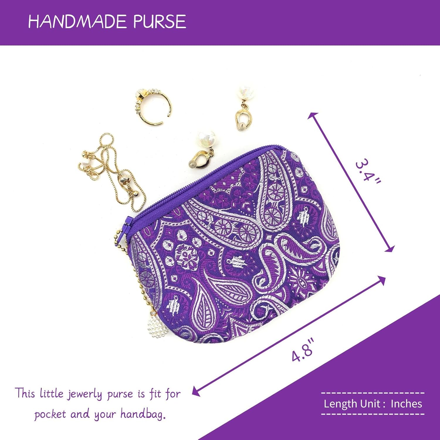 Handmade Rosary Pouch Women Coin Purse Silk Jewelry Bag Brocade Zipper Wallet - Blue Violet - Image 2