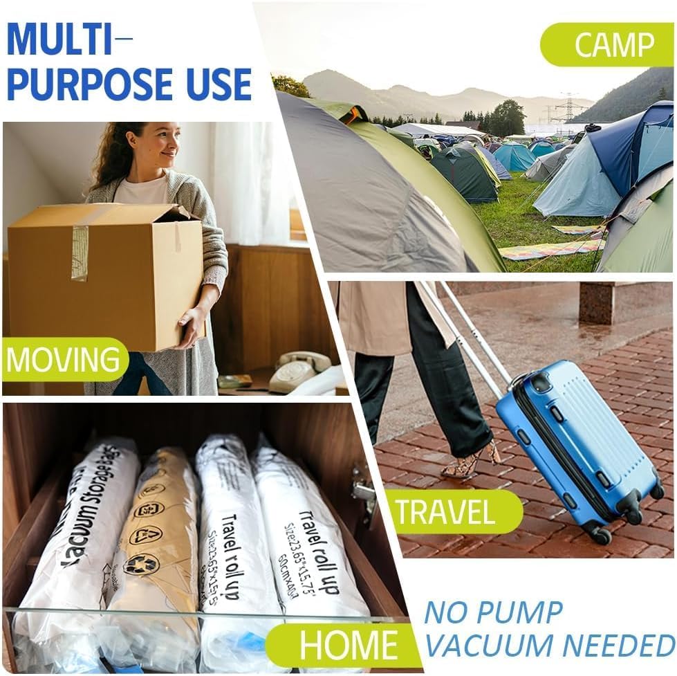 12 Pack Compression Bags for Travel, Roll Up Reusable Travel Space Saver Vacuum Storage Bags for Luggage, Camping, and Storage (No Vacuum or Pump Needed). - Image 7