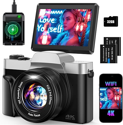 Cámara digital 4K para fotografía 64MP WiFi Vlogging Cámara para YouTube Autofocus 3" 180 Flip Screen 16X Zoom Cámaras de viaje compactas con