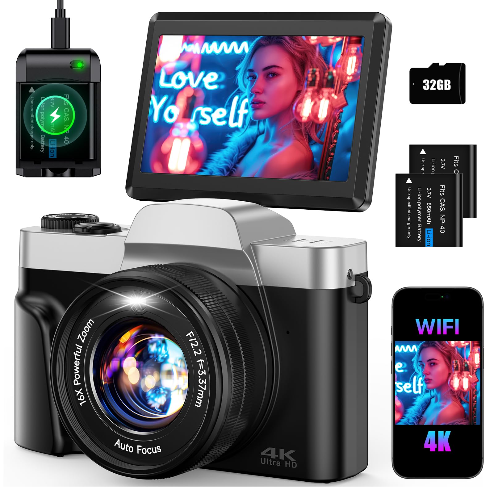 4K Digital Camera for Photography 64MP WiFi Vlogging Camera for YouTube Autofocus 3" 180° Flip Screen 16X Zoom Compact Travel Cameras with Anti-Shake,