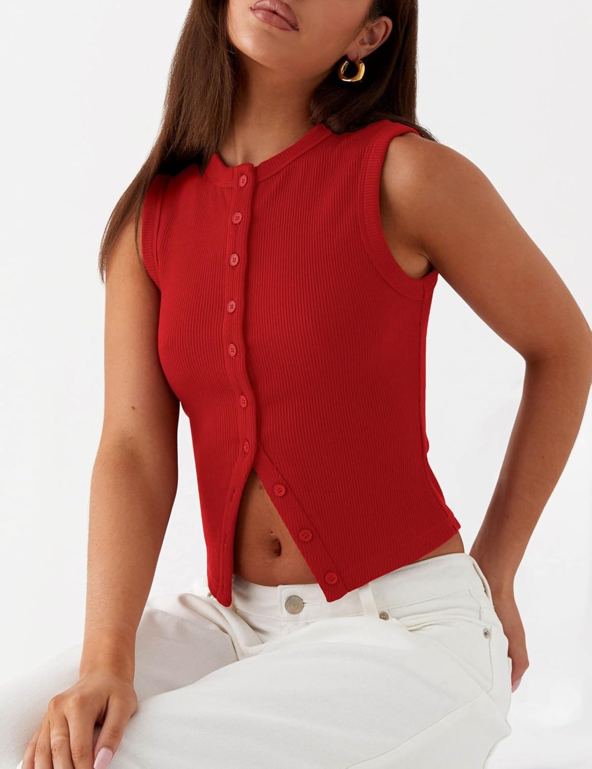 Women's Button Down Tank Tops Cropped Ribbed Knit Summer Vest Sleeveless Slim Fit Y2K Going Out Tops - Image 4