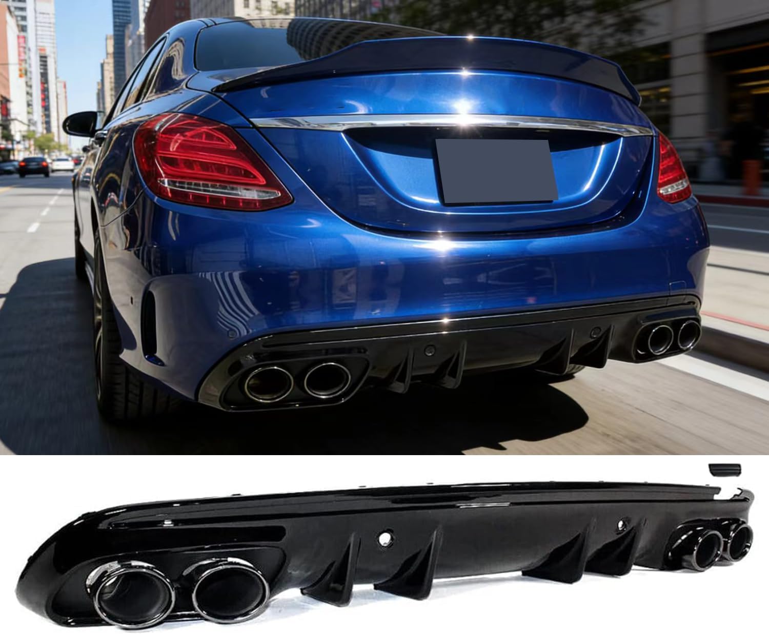 Rear Diffuser Compatible for 2015-2021 Benz W205 C300 C350 C400 Sport C63 C43 AMG Sedan, C43 Style Lower Bumper Chin Diffuser Lip Splitter with Exhaust Tips Gloss Black
