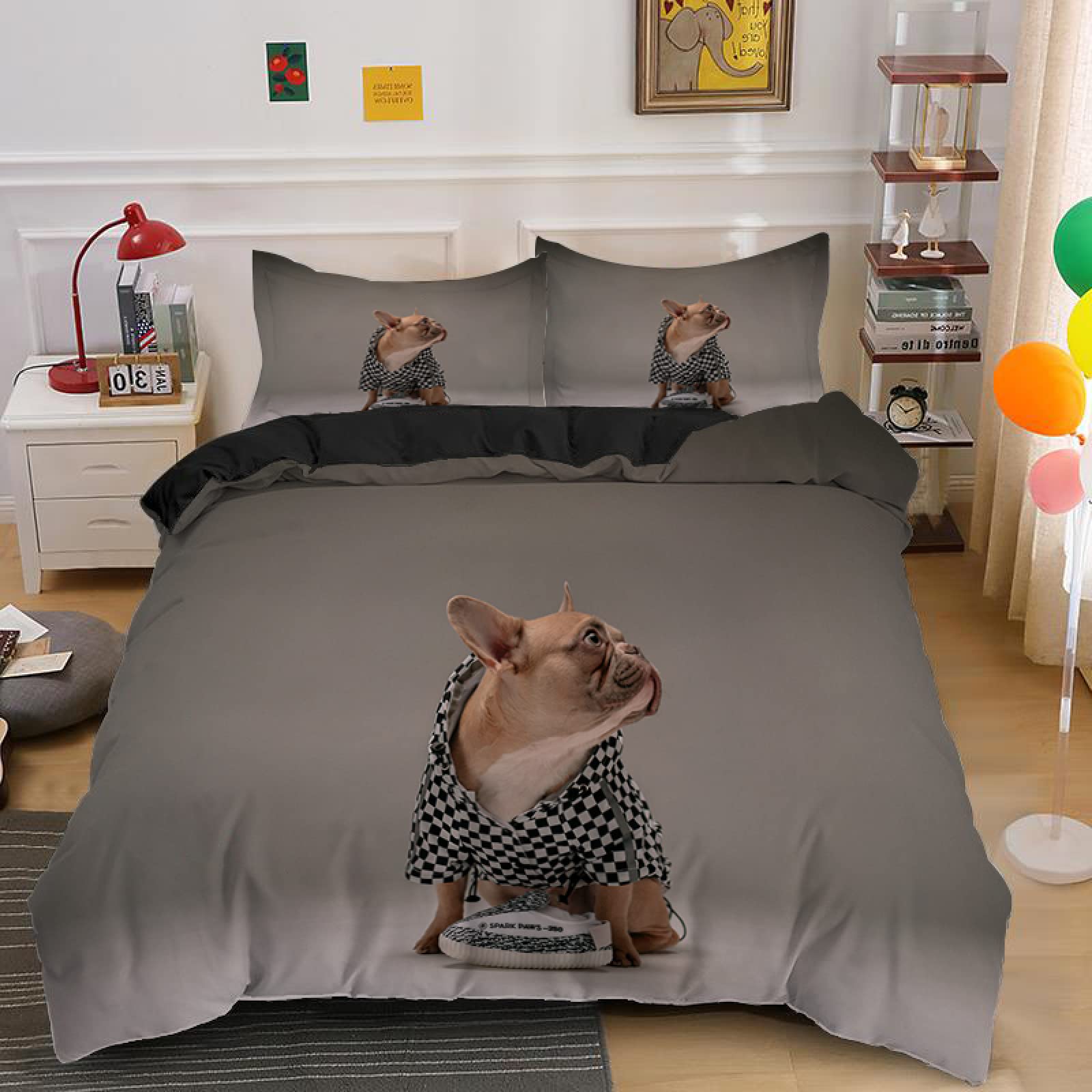 Parure de lit 220x240 gris clair avec chien en microfibre douce
