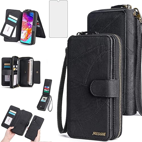 Miniatura 8 de Asuwish Funda de teléfono para Samsung Galaxy A70 con cremallera, funda desmontable con protector de pantalla y soporte de cuero para tarjetas,