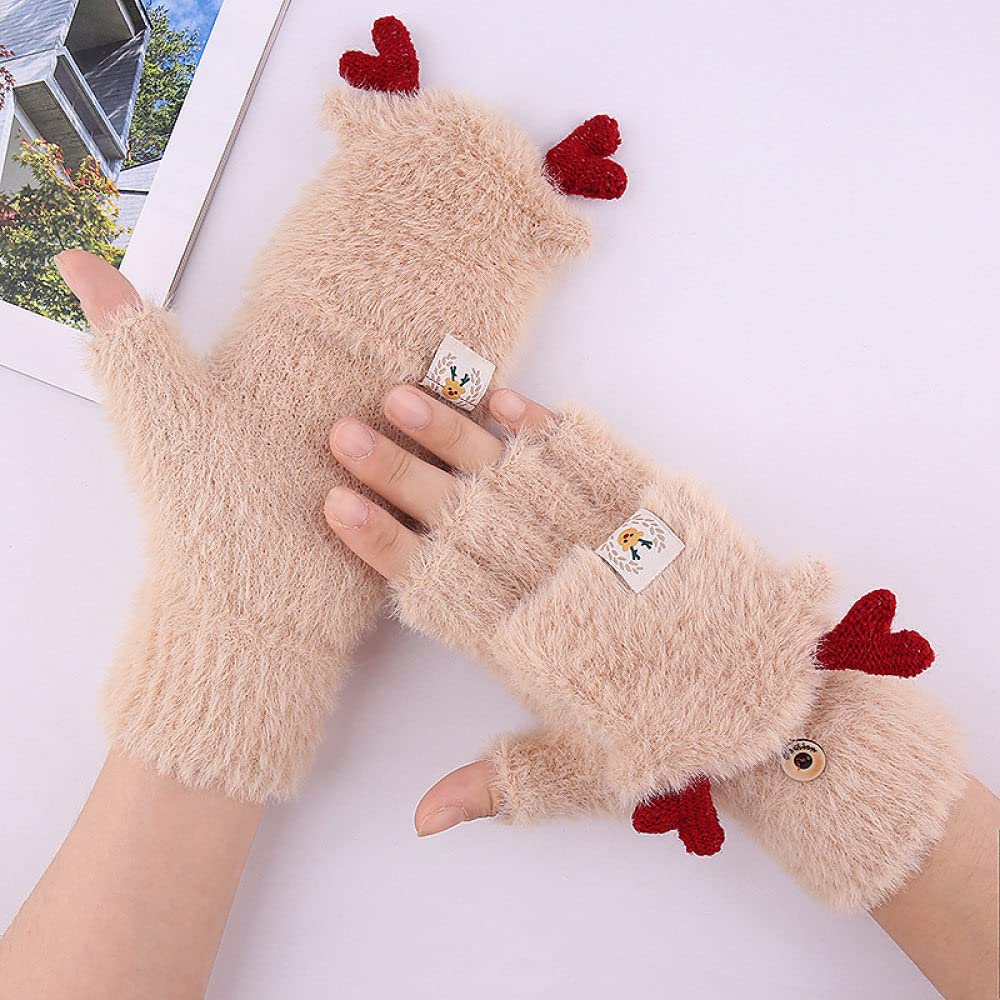 Liyinco Damen Süße Elch Halbfinger Handschuhe Winter Warm Schreiben Outdoor Fahrradhandschuhe Fleece Dicker Strick Flip Handschuhe Beige One Size : 