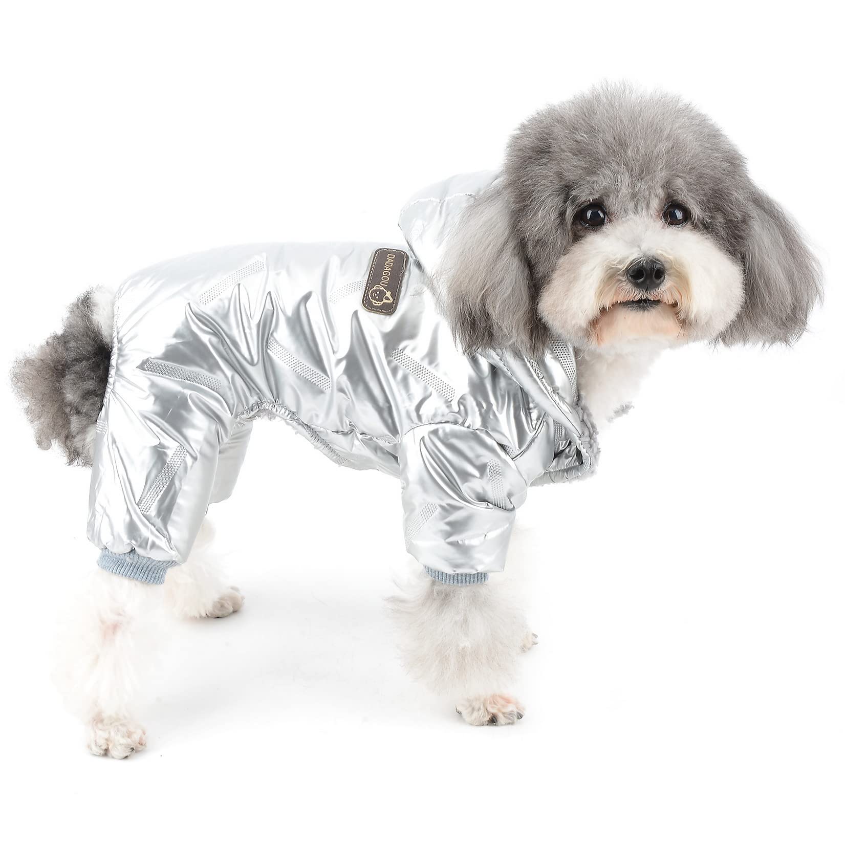 Zunea Waterproof Dog Snowsuit for Small Dogs Winter Coat Warm Fleece Lined Hoodie Puppy Clothes with Legs Thick Windproof Overall Jumpsuit Cold Weather Cool Pet Dog Apparel Outfit with Hood Silver XXL