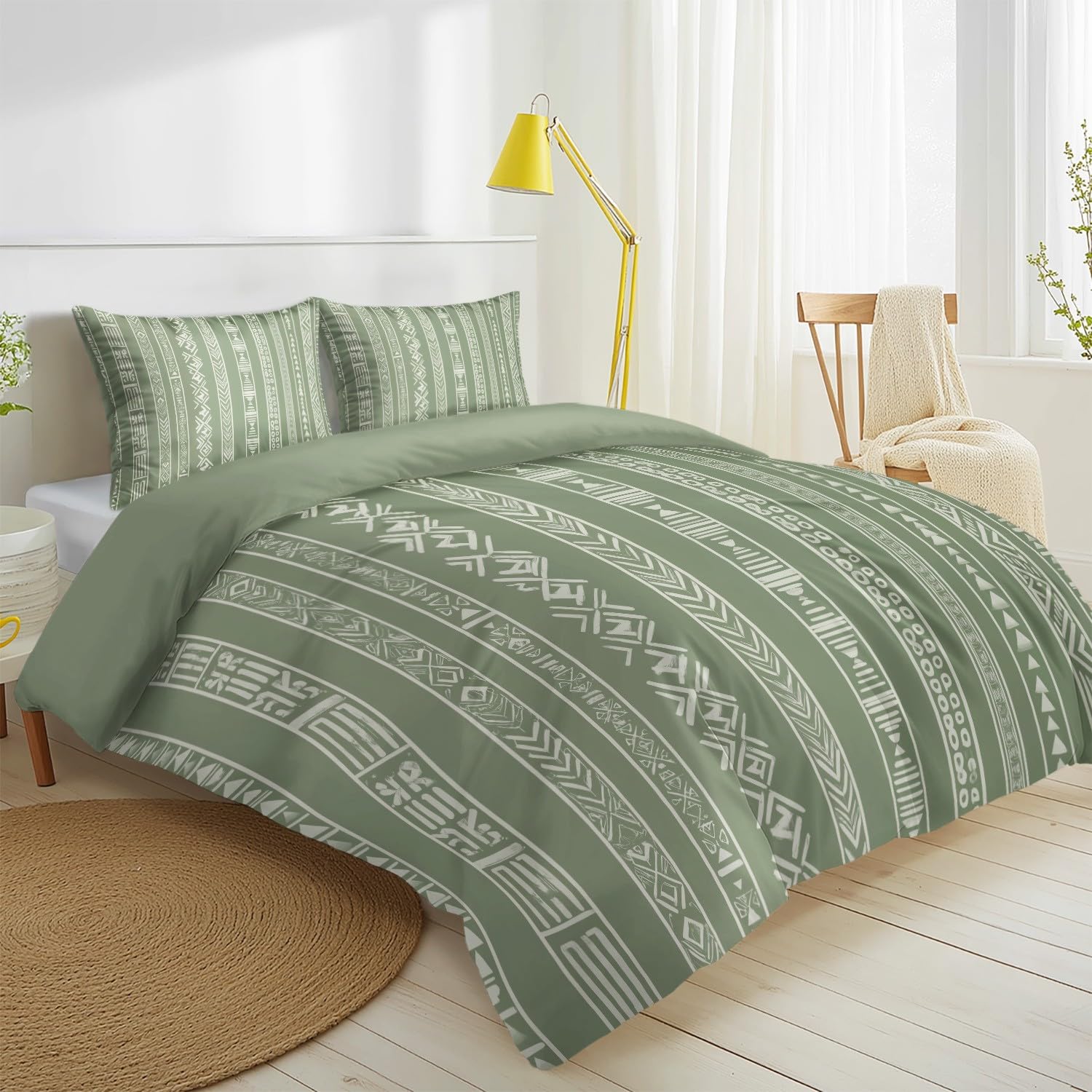 Geometryczna pościel plemienna 200 x 200 cm, 3-częściowy zestaw pościeli – etno plemienna wzór w jodełkę, miękka mikrofibra, dwustronna pościel z 2 poszewkami na poduszki, szałwiowa zieleń