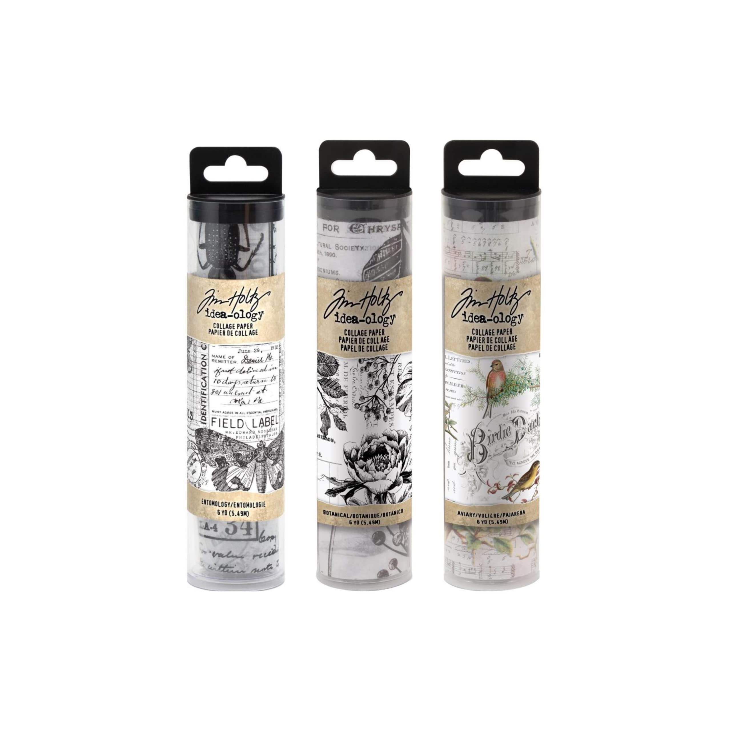 Tim Holtz Idea-Ology Collage Paper Rolls - Entomology, Botanical and Aviary - Bundle of Three Rolls