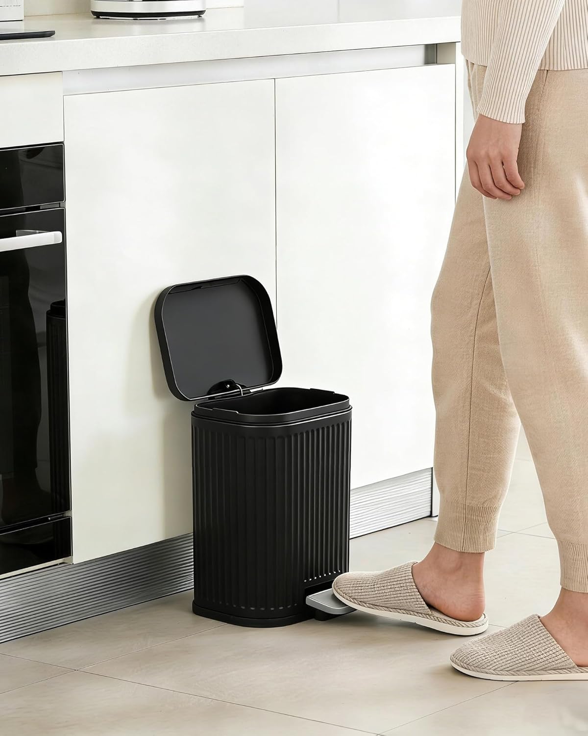 Garvee 1.3 gal Bathroom Trash Can, Step Garbage Can with Soft-Close Lid, Stainless Steel Recycling Bin with Removable Inner Bucket, Rectangular Waste Container with Fluted Design for Office