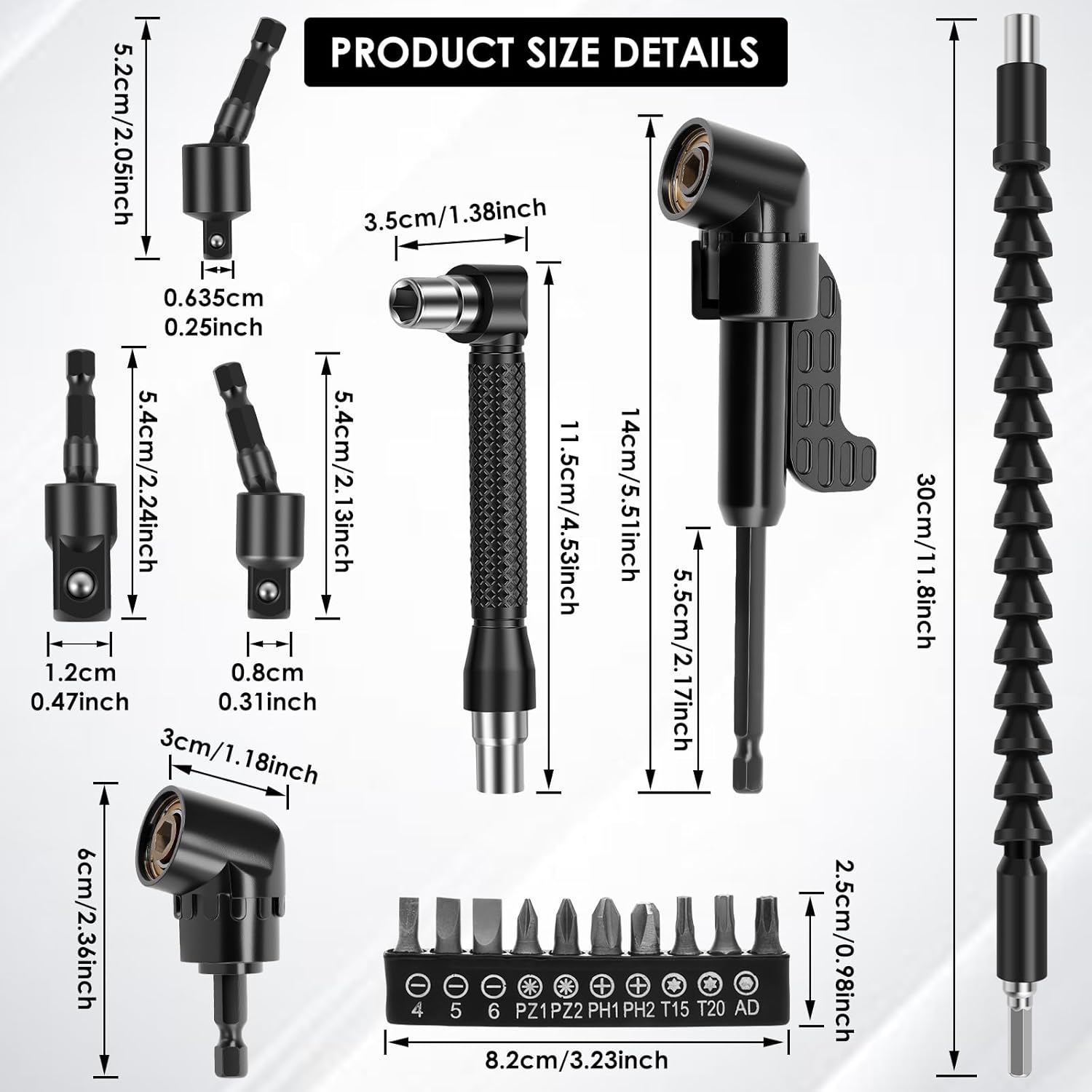 17Pc Flexible Drill Bit Extension, Include 3Pcs Rotatable Socket Adapter 2Pcs Hex Shank 105° Right Angle Drill Attachment 90° Angled Bits and Bendable Extension and 10 Short Screwdriver Bits