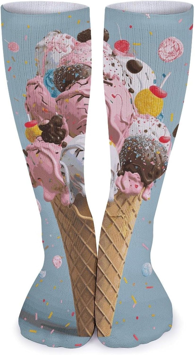 Breathable Crew Sock, Moisture Wicking, Athletic Calf Socks, Cozy | Sweet Ice Cream Compression Socks for Women Men, Lightweight High Work Socks for Business, Casual