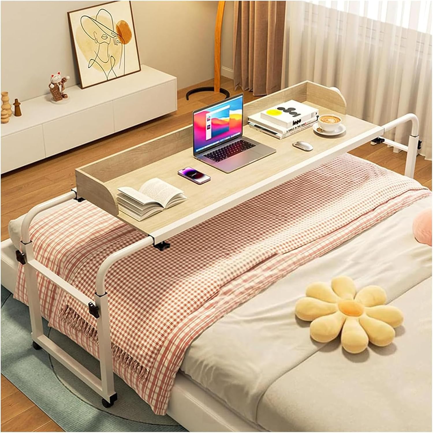 Bed Table Overbed Table Rolling Laptop Desk with Wheels, Overbed Table Computer Laptop Table, Adjustable Width 115-210cm Computer Workstation Overbed Table Stand Table for Working Dinning