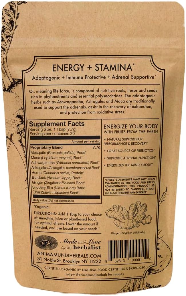 Anima Mundi Apothecary Qi Energy & Protein Superfood Powder - Adaptogenic Adrenal Support Supplement with Ashwagandha & Slippery Elm - Mood & Energy Support Supplement & Protein Powder (8oz / 227g)