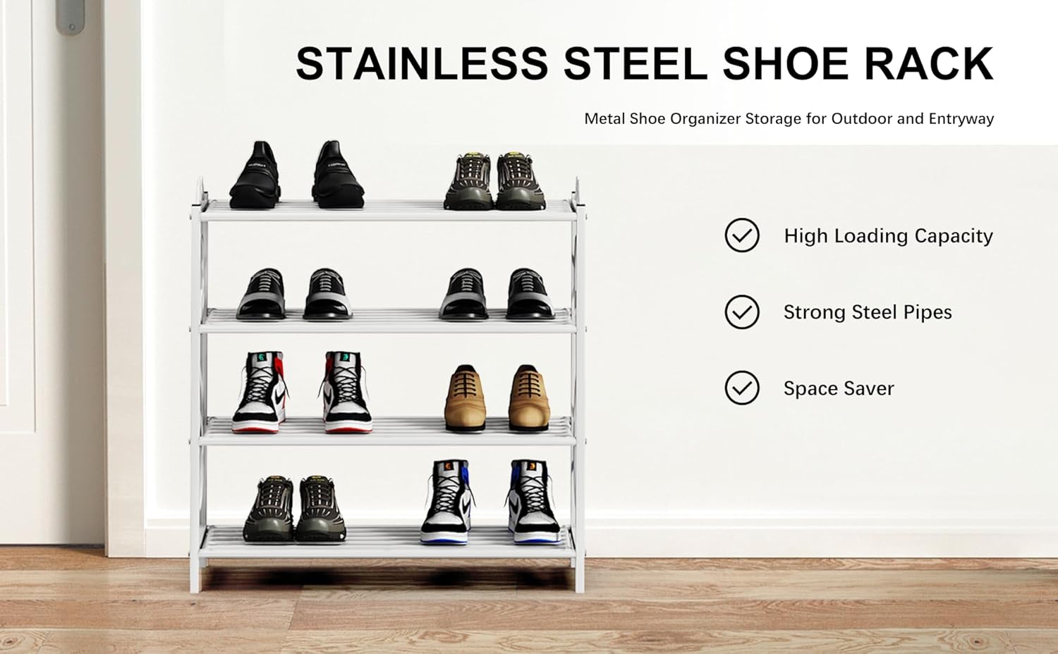 Zhongma 4 Tiers Metal Shoe Rack, Heavy Duty Construction, 27.55x9.84x28.7 inches, Metal Shoe Organizer Storage for Entryway,Hallway