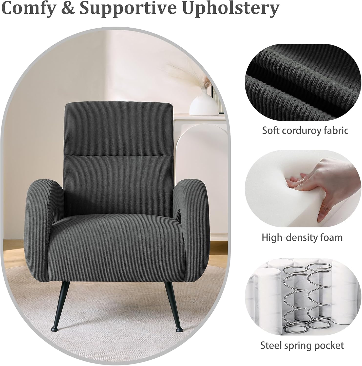 Corduroy Accent Chairs for Living Room, High Back Reading Chairs for Bedroom, Mid-Century Modern Comfy Upholstered Armchair for Bedroom, Reading Nook, Apartment, Dark Grey