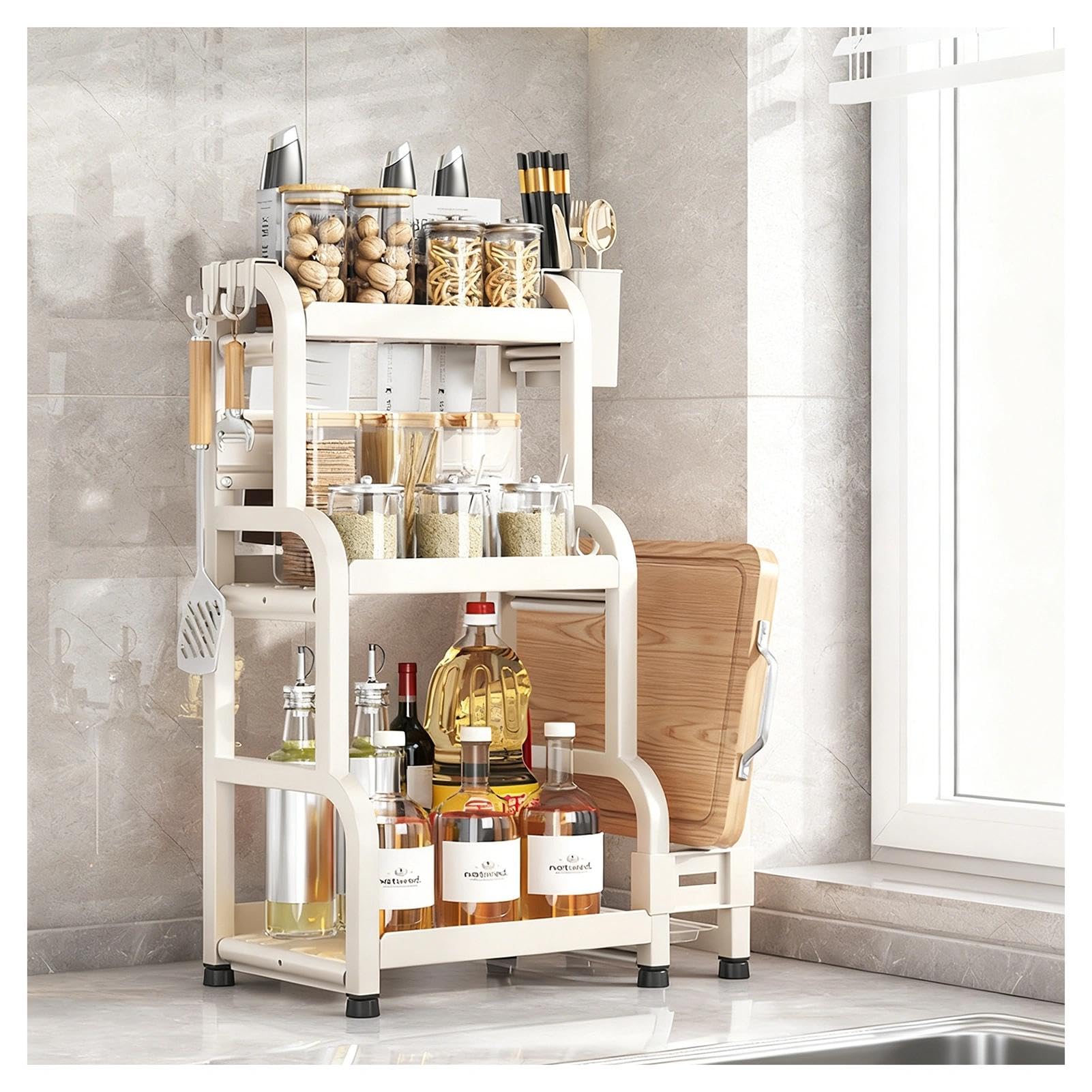 HADECOLL Multifunctional Spice Rack With Knife Holder, 3-Tier Storage Tray With Hooks And Utensil Holders, For Kitchen Pantry Bathroom,3 Tier-11.8in