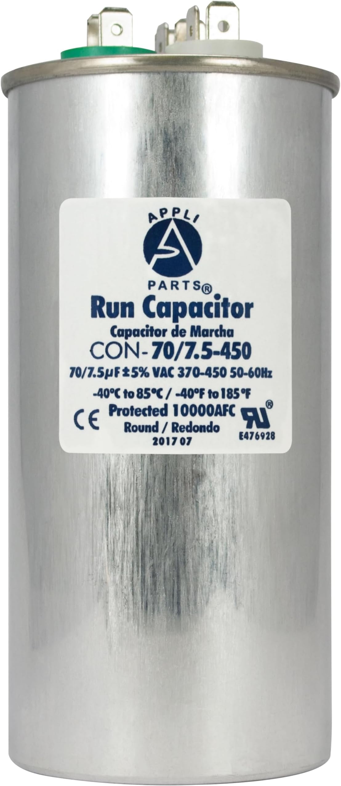 Appli Parts Dual Run Capacitor for ac 70+7.5 Mfd uF (microfarads) 370VAC or 450VAC CBB65 Round Universal fit for hvac and other applications 5-1/4 in High 2-1/4 in Wide CON-70/7.5-450